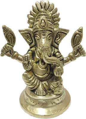 Anjini Brass Ganesha Murti Left Trunk Statue Idol Round Base Smile Face 410 grams Decorative Showpiece  -  9 cm(Brass, Gold)