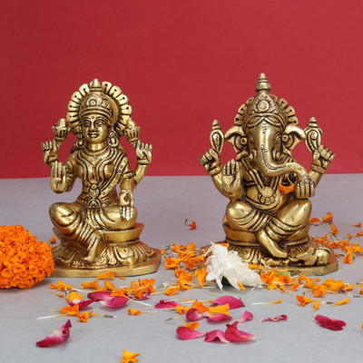 utsavicraft Traditional Divine Laxmi Ganesha Hindu Dieties For Diwali Puja Decorative Showpiece  -  10 cm(Brass, Gold)