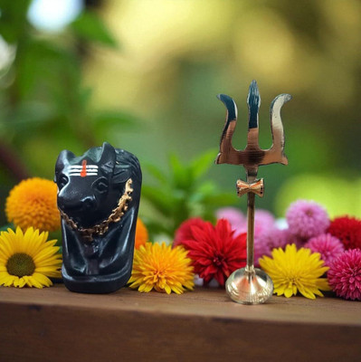 SriMaa Ventures Brass Shiv Trishul Trident with Nandi Maharaj Ji Idol Statue for Worship, Temple Decorative Showpiece  -  6 cm(Resin, Brass, Black, Yellow)