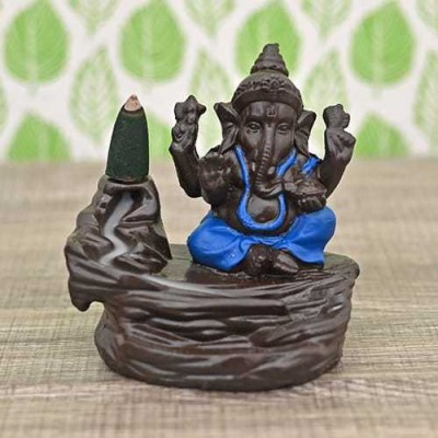 Smilesformiles Polyresin Ganesha, Ganpati Deva Smoke Backflow Fountain with 10 Backflow Cones Decorative Showpiece  -  12.5 cm(Polyresin, Blue)