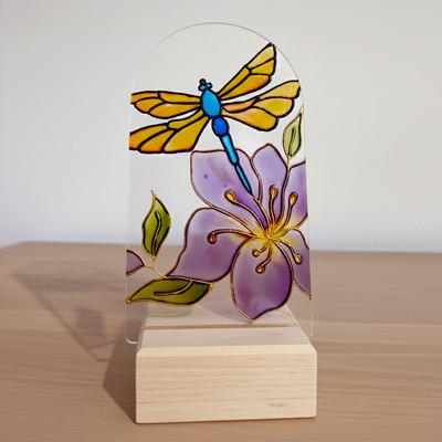 ZHOOSH Handcrafted Dragonfly Glass Painting with Wooden Stand Decorative Showpiece  -  28 cm(Wood, Glass, Multicolor)