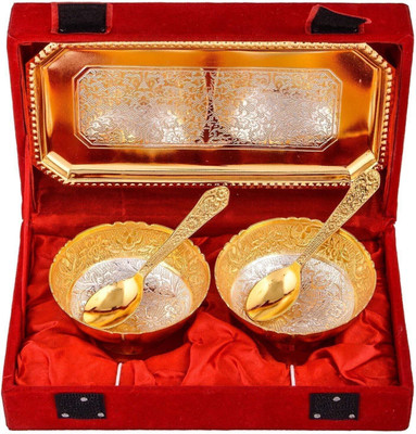 INTERNATIONAL GIFT Silver & Gold Plated 2 Round Bowl, 2 Spoon With Tray, Box & Bag, Silver Gifting Decorative Showpiece  -  10 cm(Aluminium, Gold)