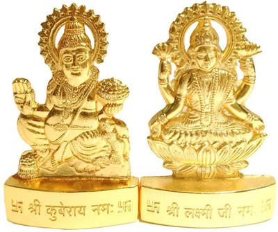 DealFry Metal Gold Plated Handicraft Lord Lakshmi & Kuber Brass Idol Statue, Holy Spiritual Showpiece Laxmi-Kuber for Car Dashboard & Pooja Ghar, Best for Gifting Decorative Showpiece  -  6 cm(Metal, Gold)
