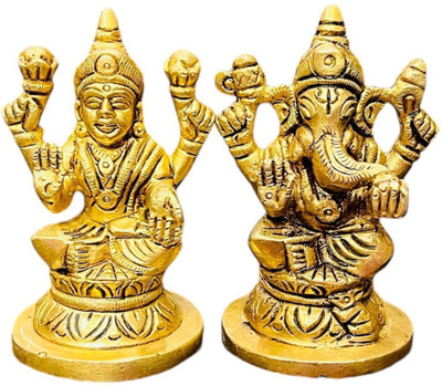 Dhanuka Pure Brass Ganesh Lakshmi Idol for Pooja Room, Home Decor, Office Desk Dashboard Decorative Showpiece  -  8 cm(Brass, Gold)
