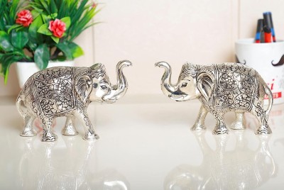 Crown Warriors Elephant Metal Statue Small Size Silver Polish 2 pcs Set for Showpiece Decorative Showpiece  -  12 cm(Metal, Silver)