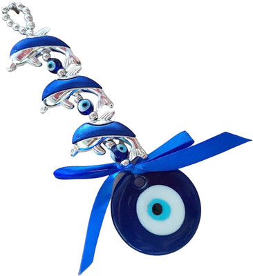 FOBHIYA Feng Shui Evil Eye Hanging 3 Dolphin Nazar Suraksha Kavach with Crystal Ball Decorative Showpiece  -  18 cm(Glass, Blue)