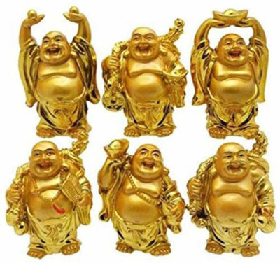 ChoicIt Feng Shui Chinese Happy Man / Laughing Buddha - 6 different Poses Set Figurine Golden Statue Decorative Showpiece - 5 cm  (Polyresin, Gold) Decorative Showpiece  -  5 cm(Polyresin, Gold)