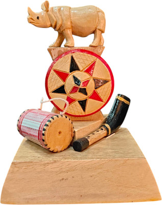 Phu Handcrafted Assamese Wooden Memento with One-Horned Rhino, Japi, Pepa & Dhol Decorative Showpiece  -  13 cm(Wood, Brown)
