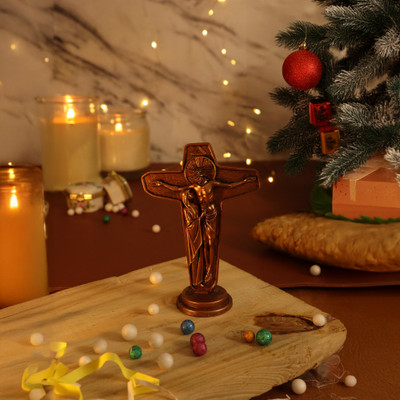 Spilbox Jesus and Mother in Cross|Christmas Holiday|Holy Family|Nativity Scene Figurine Decorative Showpiece  -  9.7 cm(Metal, Brown)