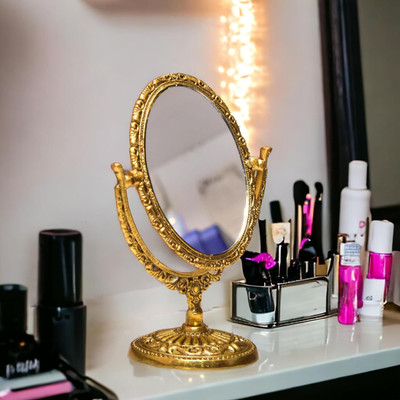 KridayKraft Makeup Mirror Dual Sided Magnification for Easy Makeup Decorative Showpiece  -  9 cm(Metal, Gold)