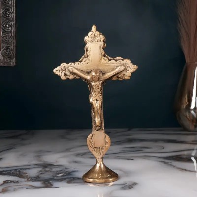 Shoppingrox Cross Jesus Christ Statue God Idol | Brass | Yellow Colour - 19 cm Decorative Showpiece  -  19 cm(Brass, Yellow)