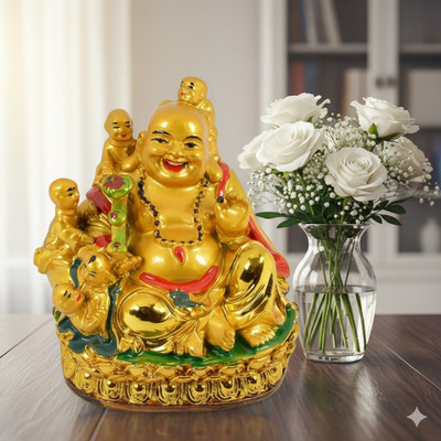 Laughing buddha Golden Laughing Buddha with 5 Kids Statue –Idol for Wealth & Happiness Decorative Showpiece  -  7 cm(Clay, Yellow)