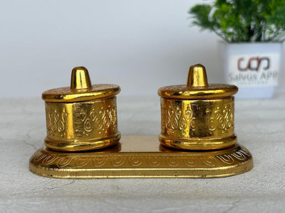salvusappsolutions Elegant Golden Metal Chandan Roli Kumkum Dani Box (4x2 Inch) Decorative Showpiece  -  5 cm(Metal, Gold)