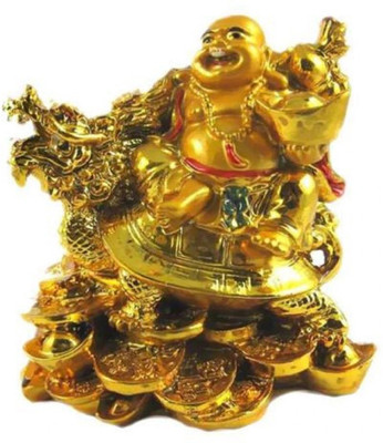 shoppingmart Feng Shui Laughing Buddha Sitting On Dragon blessing Good Luck. Decorative Showpiece  -  7.5 cm(Polyresin, Gold)