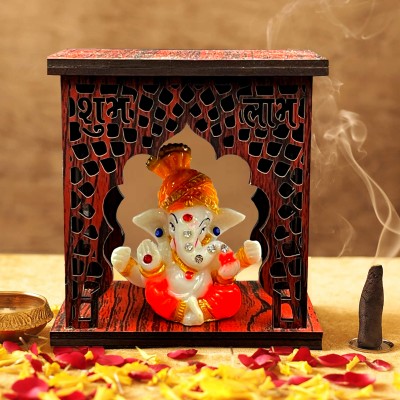 Lord Ganesha Idol With Wooden ShubhLabh Temple for Home Decor, Car Dashboard 10 cm Religious Idol & Figurine(Wood, Brown)