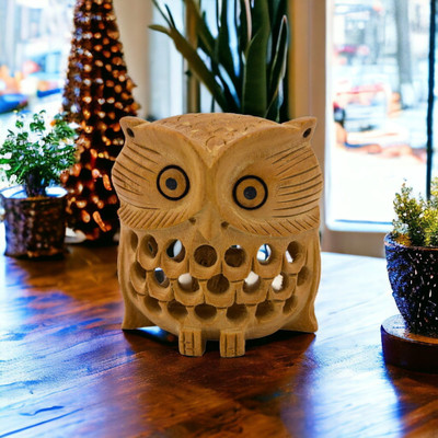 Natriel Natriel Exquisite Handcrafted Wooden Owl Statue - Symbol of Knowledge & Wealth Decorative Showpiece  -  6 cm(Wood, Brown)