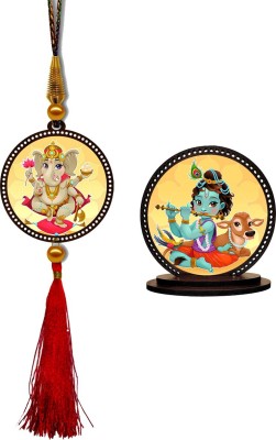 Giftlab Lord Krishna Car Hanging And Ganesha Car Dashboard Idol Combo Decorative Showpiece  -  5 cm(Wood, Multicolor)