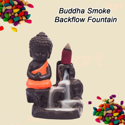 hbkart Meditating Monk Buddha Smoke Backflow incense burner with 10 cones Decorative Showpiece  -  10 cm(Polyresin, Orange)