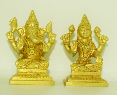 K.D. Handicrafts LAXMI GANESHA 3 inch Brass Statue Decorative Showpiece  -  8 cm(Brass, Gold)