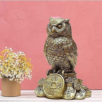 yogi Feng Shui Owl Standing on Coins Statue for Good Luck and Prosperity Decorative Showpiece  -  8 cm(Resin, Gold)
