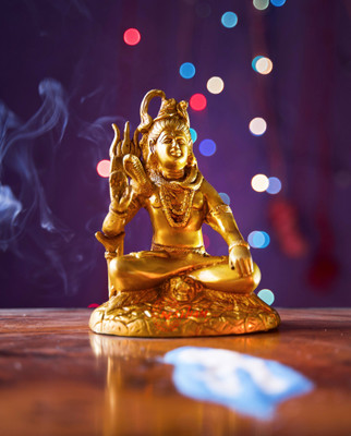 NATHAM Natham Premium Brass Lord Shiva Statue on Nandi with Detailed Hand Engravings Decorative Showpiece  -  18 cm(Brass, Metal, Gold)