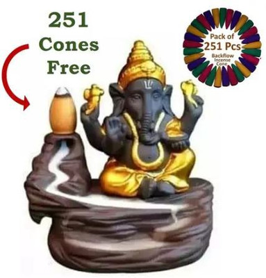 MORATER Handcraft Ganesh Smoke Backflow Cone Incense Holder With 251 Incense Cones Decorative Showpiece  -  10 cm(Polyresin, Gold)