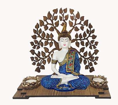 SN Handicrafts Sitting Buddha Idol Statue, Wooden Bodhi Tree with 2 Tealight Candle Holder Decorative Showpiece  -  26 cm(Polyresin, Blue)