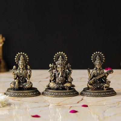 shyam antique creation Laxmi Ganesh Saraswati Sitting Murti Lakshmi Ganesha Sarasvati Statue Idol Decorative Showpiece  -  9.525 cm(Brass, Gold)