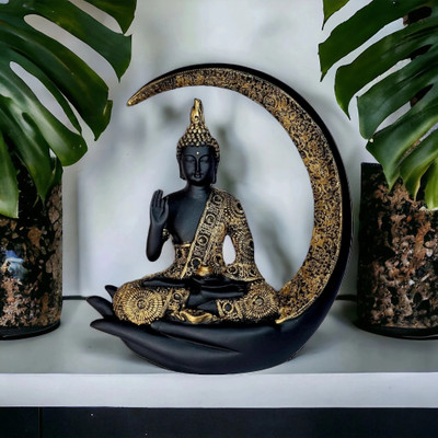 DecorHouse Meditating Buddha Sitting On Chand Figurine - Home & Office Table Top - Decorative Showpiece  -  31 cm(Resin, Black, Gold)