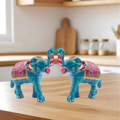 BAINADA INDUSTRIES Handcrafted Rajasthani Big Elephant Figurine For Home Décor-Blue (Pack Of 2) Decorative Showpiece  -  16 cm(Paper Mache, Blue)