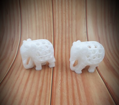 CPUC Natural Imported White Stone Jali Carved Elephant Pair Figurine for Home Decor Decorative Showpiece  -  9 cm(Marble, White)