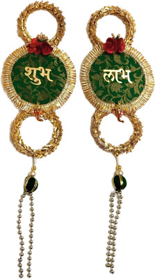 BAAKAY GLOBAL Shubh Labh Hanging Toran | Round Wood Fabric & Moti with Flower Ganesh – 12 Inch Decorative Showpiece  -  30.48 cm(Wood, Fabric, Green)
