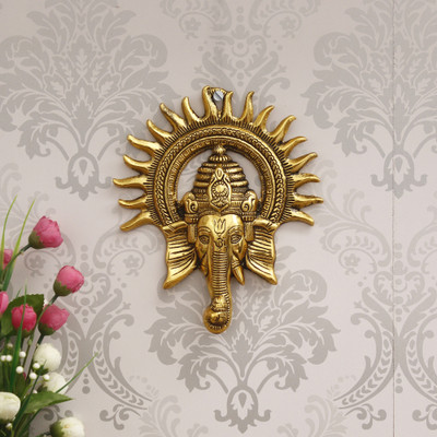 eCraftIndia Golden Lord Ganesha with Sun Decorative Metal Wall Hanging Decorative Showpiece  -  24 cm(Metal, Gold)