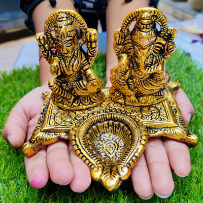 Wonder Care Ganesh Lakshmi Statue (Metal) Diya Statue Decorative Showpiece  -  11 cm(Aluminium, Gold)