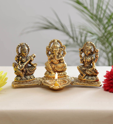 KridayKraft Metal laxmi Ganesh Saraswati Idol Decorative murti showpiece oil lamp diya gold plated Decorative Showpiece  -  12 cm(Aluminium, Gold)