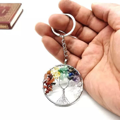 ONVOL Tree of life Key chain Handcrafted made with Natural seven Chakra Gemstone Decorative Showpiece  -  11 cm(Crystal, Multicolor)