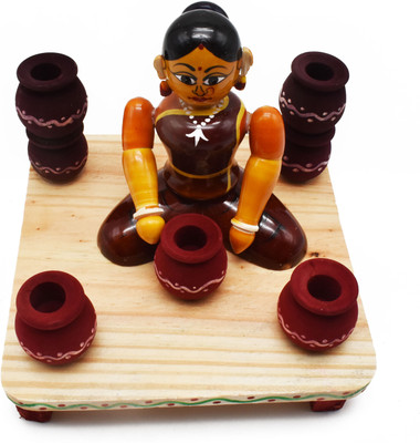 justhandmade Wooden Village Grinding Lady | Pindi Rubbe Mahila | Kondapalli Toys Decorative Showpiece  -  13 cm(Wood, Peach)