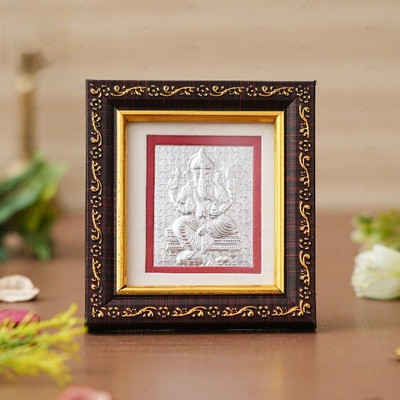 Tedlayer GOD Silver Plated Ganesha Mini Wooden Frame for Gift & Home Décor Decorative Showpiece  -  3.8 cm(Silver, Silver)