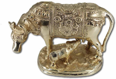 Shubh Sanket Vastu Brass Golden Cow and Calf Idol Statue for Home Temple Pooja (16x13x8 Cm) Decorative Showpiece  -  13 cm(Brass, Gold)