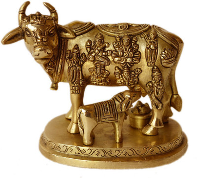 aakrati Kaamdhenu Cow Brass Statue with Calf And an oval Base Decorative Showpiece  -  13 cm(Brass, Yellow)
