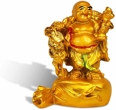 Uniqon Fengshui Standing Laughing Buddha with Potli For Money & Health & Good Luck Decorative Showpiece  -  9 cm(Resin, Gold)