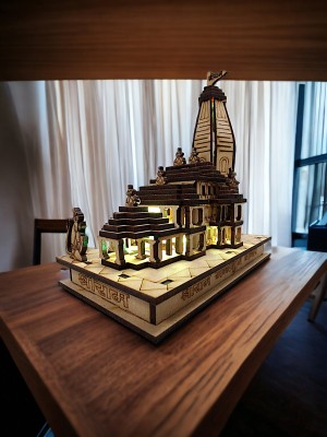 meandyou Shri Ram Ayodhya 3D Ram Mandir Wooden Model (With LED)(6 Inch) Decorative Showpiece  -  15 cm(Wood, Beige)