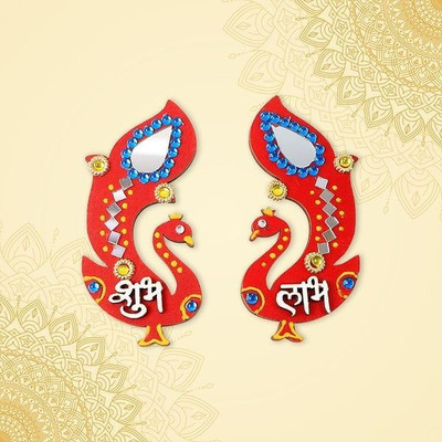 DeoDap Decorative Wooden Shubh Labh Wall Hanging – Elegant Touch for Auspicious Decor Decorative Showpiece  -  9.5 cm(Wood, Red)