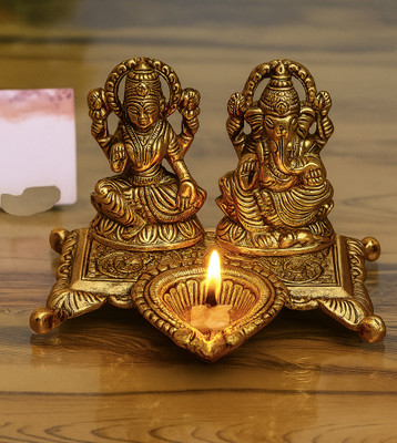 Nikki Store Lakshmi Ganesh Idol with Decorative Diya for Diwali Pooja & Home Decor Decorative Showpiece  -  9 cm(Aluminium, Gold)