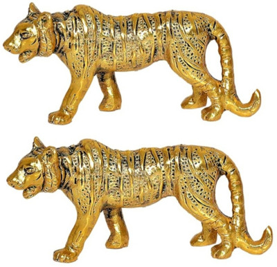 Pg Handicrafts Pack of 2 Metal Antique tiger with Gold Polish Metal Statue Showpiece Decorative Showpiece  -  8 cm(Metal, Gold)