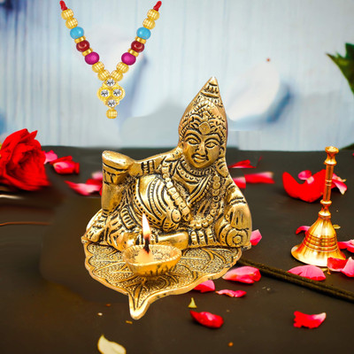 NOKTUS Divya Shakti Kubera Deepam Oil lamp With 1 Garland For Diwali Puja Brass Table Diya(Height: 3.5 inch)