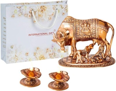 INTERNATIONAL GIFT Copper Kamdhenu Cow with with 2 Diya with Velvet Box Packing Decorative Showpiece  -  13 cm(Brass, Copper)
