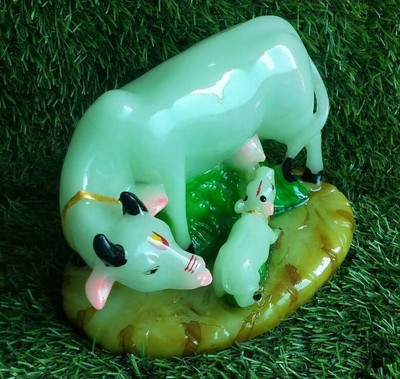 salvusappsolutions Handmade Polyresin Kamdhenu Cow with Calf Statue (Green_6x5.5 inch) Decorative Showpiece  -  13 cm(Marble, Green)