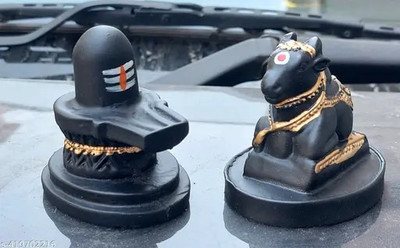 sanskaari Black Nandi And Black Shivling Combo Of 2 Pieces, Marble Stone Decorative Showpiece  -  7 cm(Resin, Black)