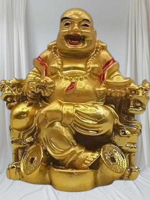 sculpmart Laughing Buddha Sitting On Chair Ingot With Money Coin in Positive Environment Decorative Showpiece  -  8 cm(Polyresin, Gold)